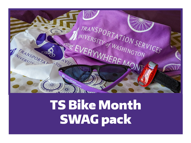 A purple box with an image inside it of a purple bandana with white lettering that reads "Transportation Services, University of Washington Bike Everywhere Month" , in front of the Bandana is a set of sunglasses with purple arms, and other UW prizes.