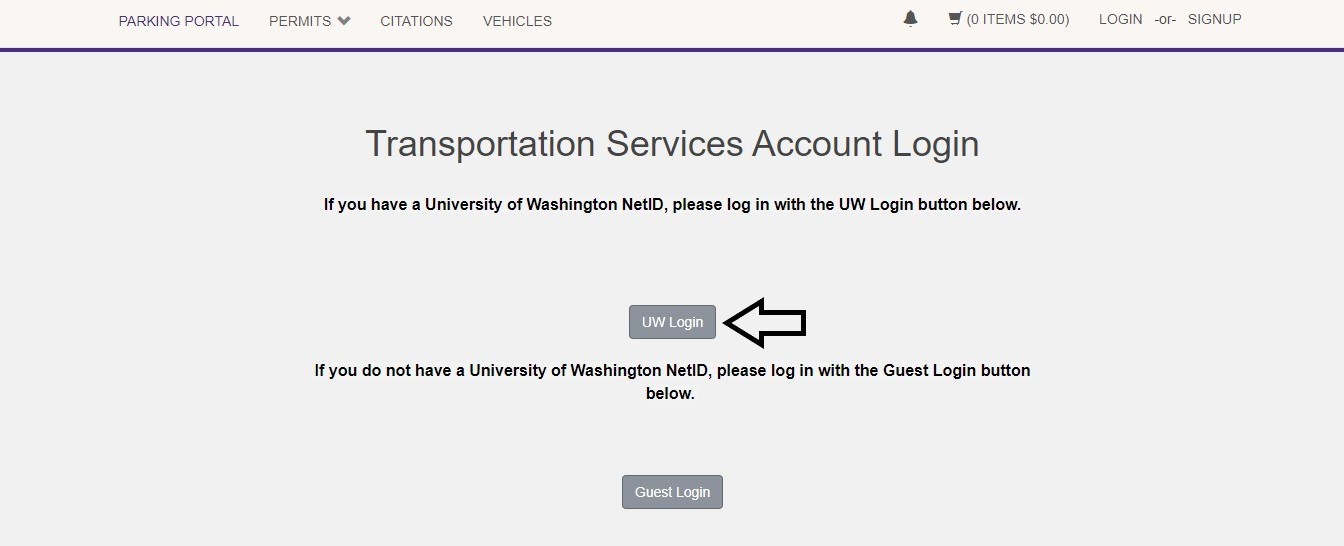 screen shot of customer portal account login screen with an arrow pointing to the UW login button