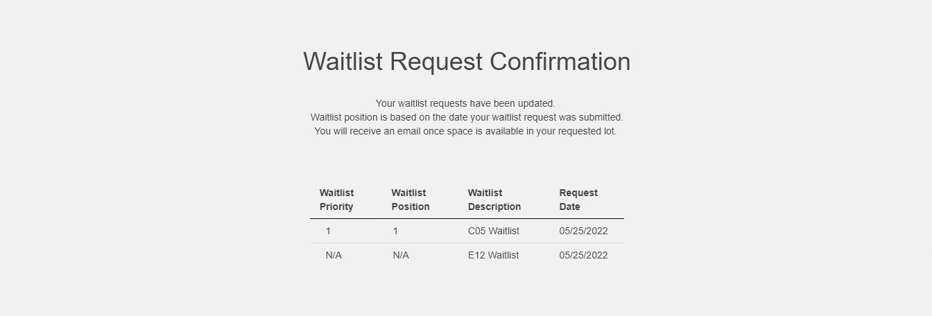 screen shot of customer portal waitlist request confirmation screen