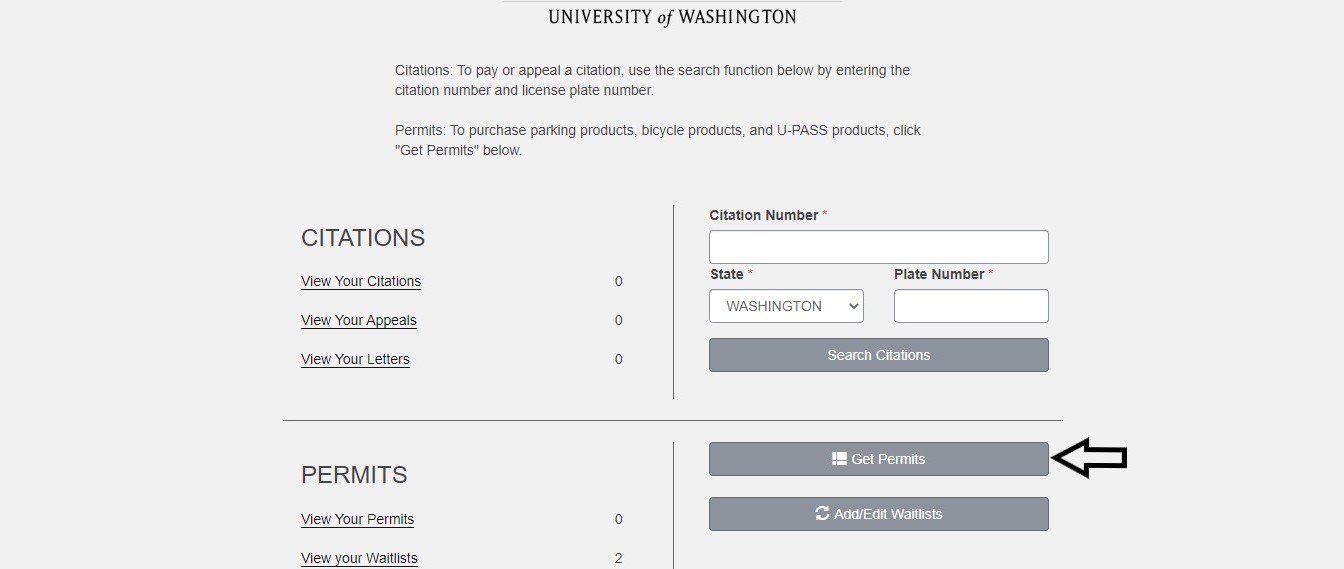 screen shot of customer portal with an arrow pointing to the get permits button