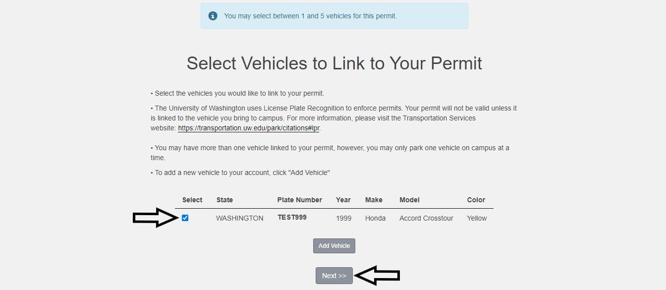 screen shot of customer portal select vehicles to link to permit screen with arrows next to selected vehicle and next button