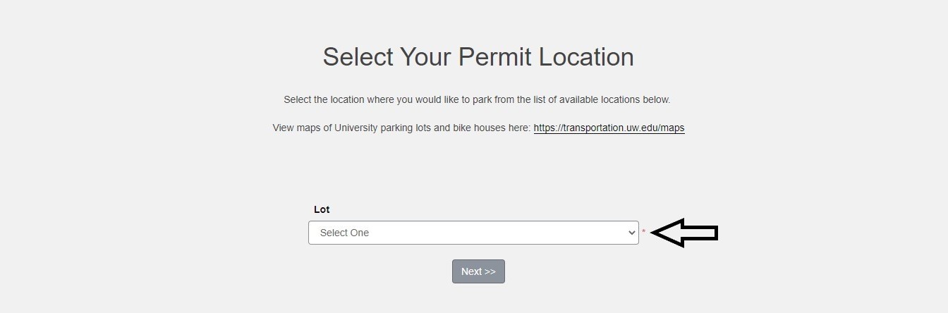 screen shot of customer portal select permit location screen with arrow next to lot select drop down