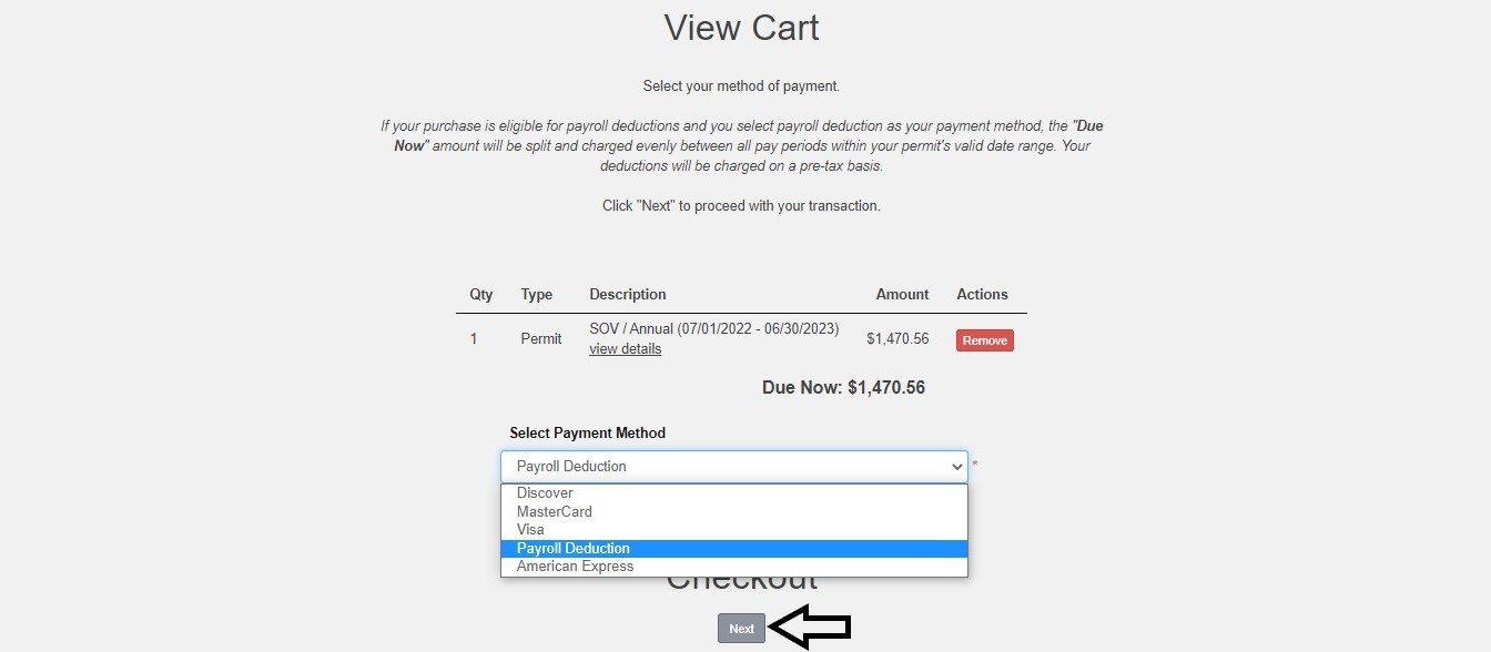 screenshot of customer portal view cart screen shown with select payment method expanded and next button with an arrow next to it
