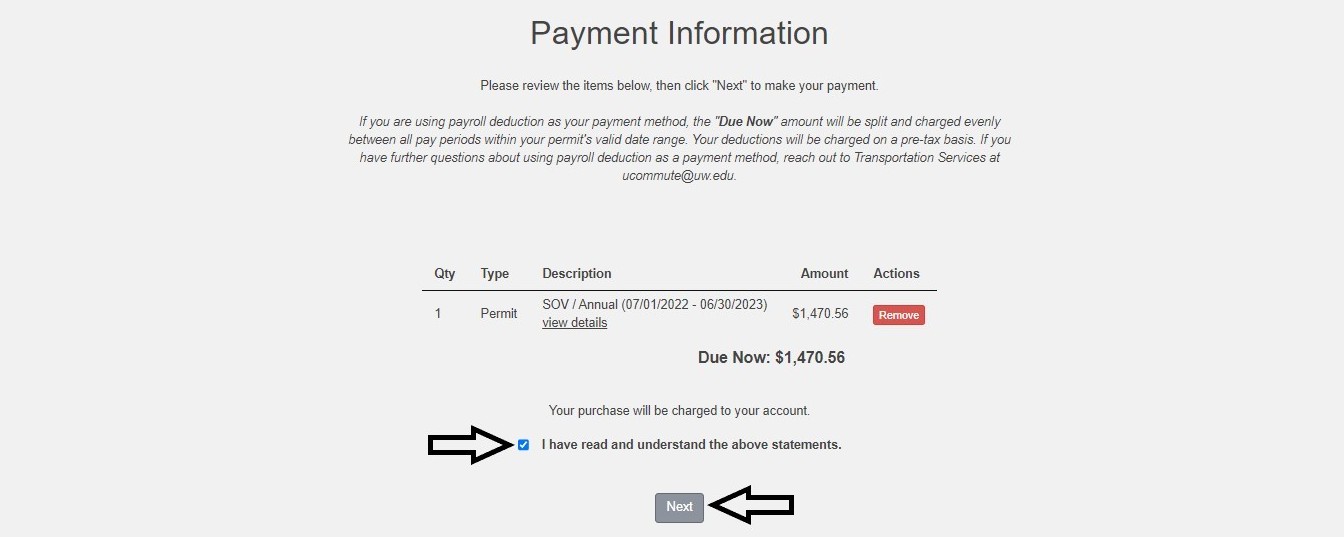 screenshot of customer portal payment confirmation screen with checkbox agreement checked and next button with arrow next to it