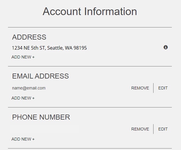 screenshot of customer account information including mailing address, email address and phone number with options to edit