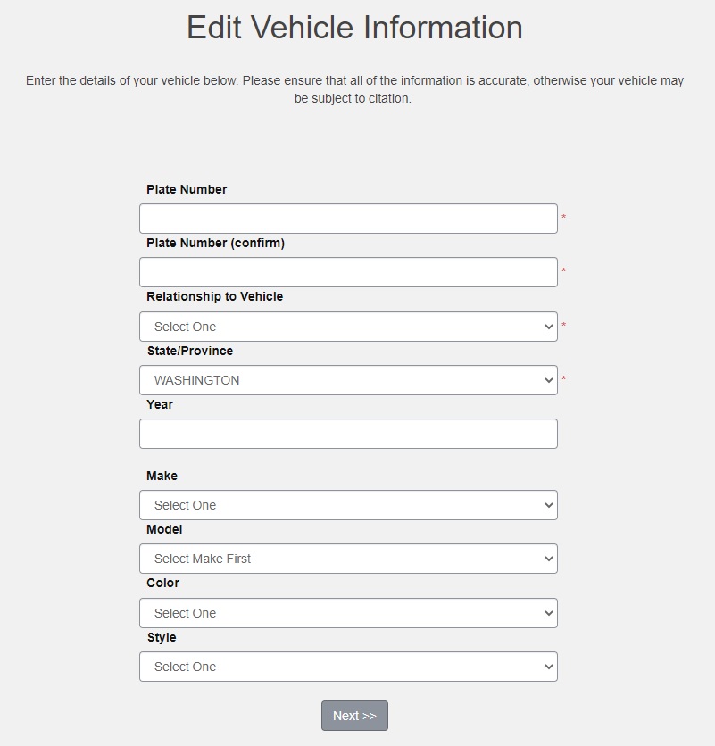 screenshot of Manage Your Vehicles screen with list of vehicles and information associated with account; add Vehicle button below list of account vehicles
