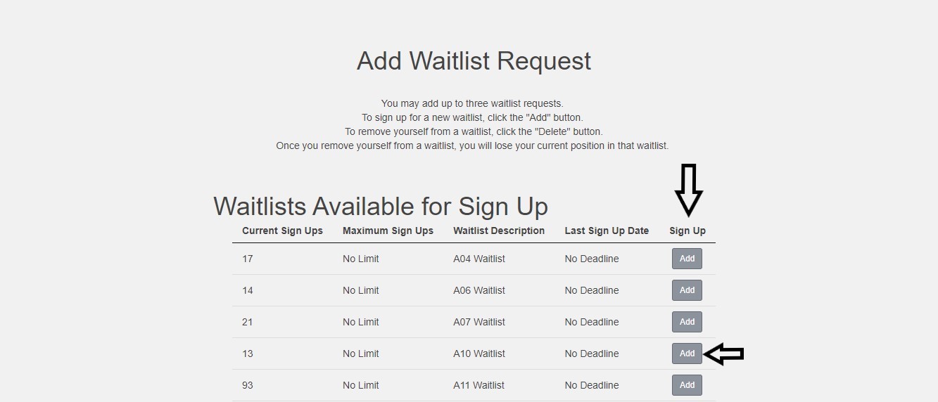 screenshot of customer portal add waitlist request screen with arrow indicating the sign up column