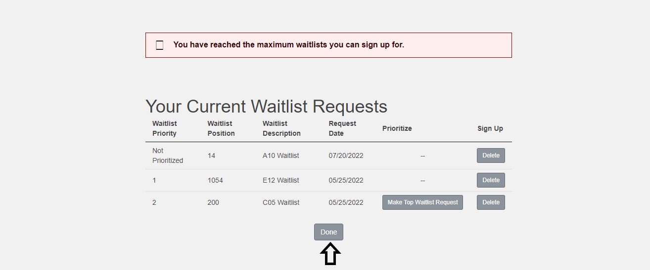 screenshot of customer portal current waitlist requests listing with arrow pointing to the done button