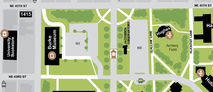 Map showing location of N01 next to Burke Museum