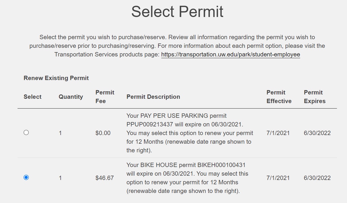 screenshot of Transportation Services' online customer portal select permit screen showing radio button to select which permit to renew
