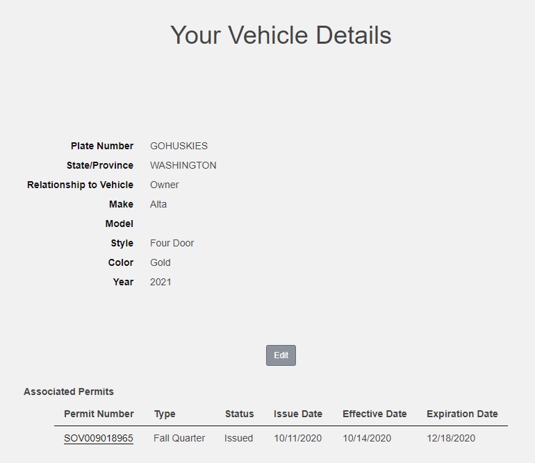 screenshot of vehicle information with Edit button above Associated permit information