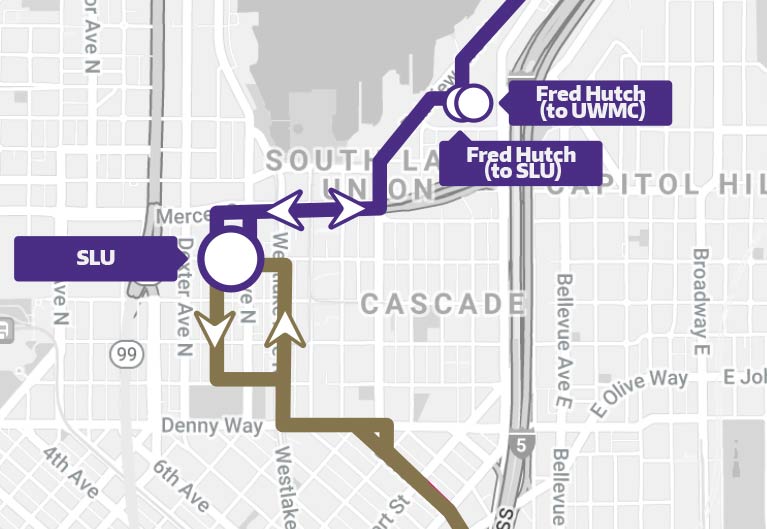 Map showing a part of the Fred Hutch SLU shuttle route