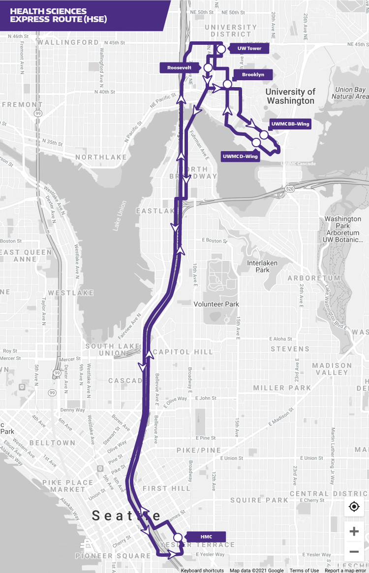 health sciences express map graphic showing route with stops