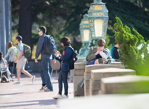 students sitting and walking outside suzzallo library