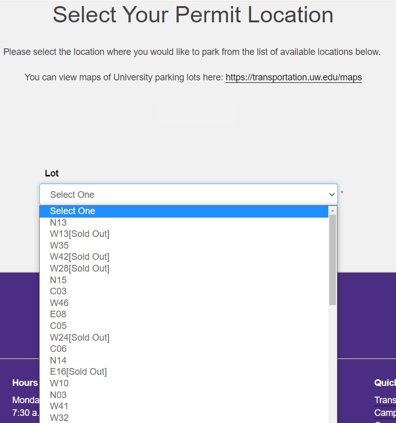 screenshot of lots available list in a drop down menu associated with permit