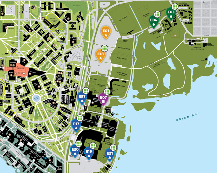 UW campus map of east campus self-serve parking lots
