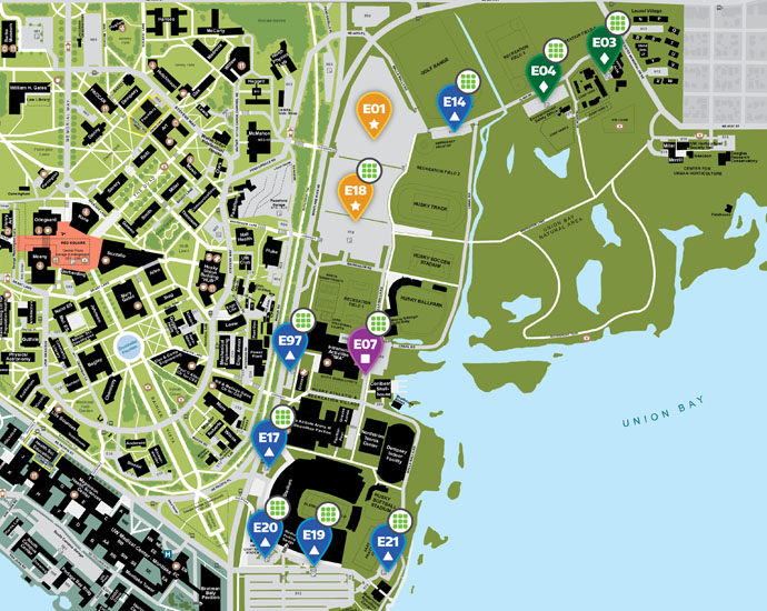 UW campus map of east campus self-serve parking lots
