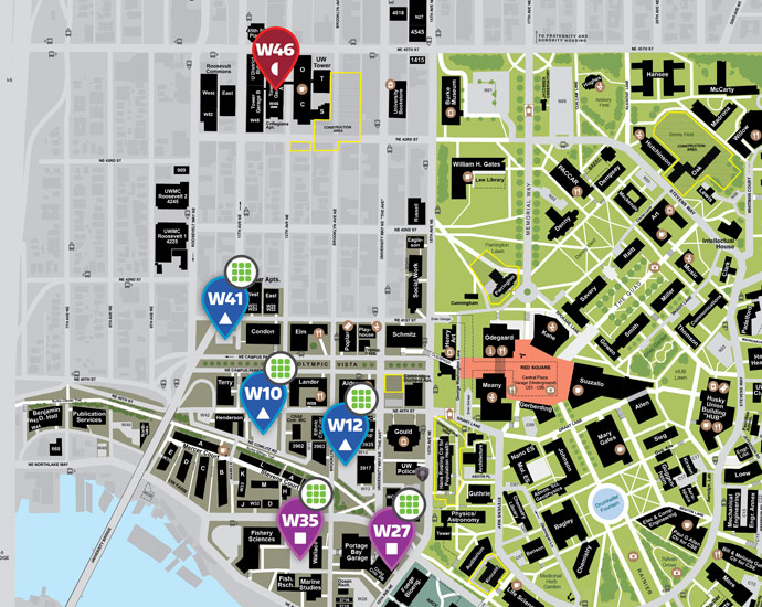 UW campus map of west campus self-serve parking lots