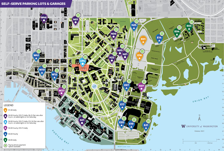UW campus map of all self-serve parking lots