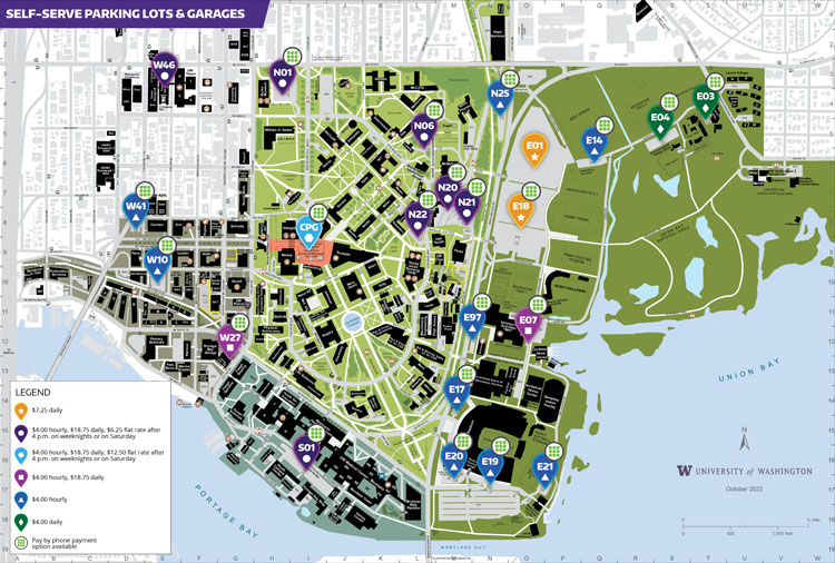UW campus map of all self-serve parking lots