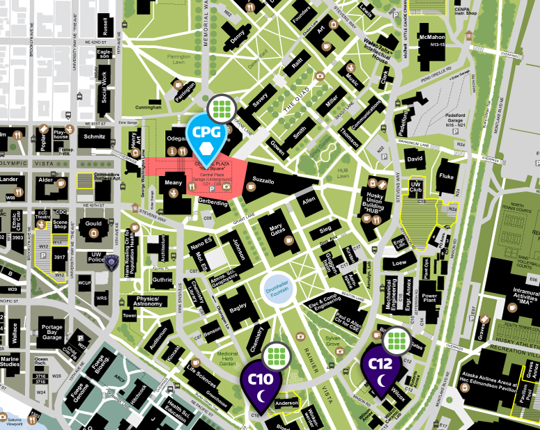 map of central campus with central plaza garage marked with a marker