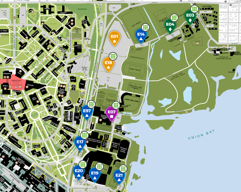 UW campus map of east campus self-serve parking lots