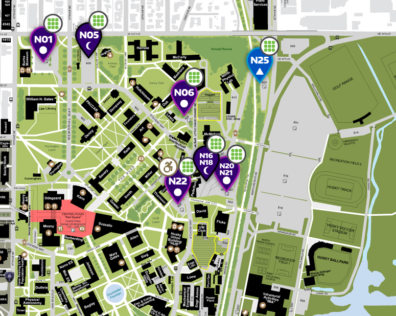 UW campus map of north campus self-serve parking lots