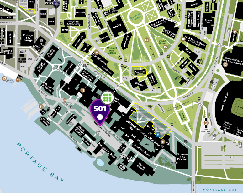 map of south campus with level S01 of south campus garage marked with a marker