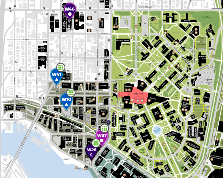 UW campus map of west campus self-serve parking lots