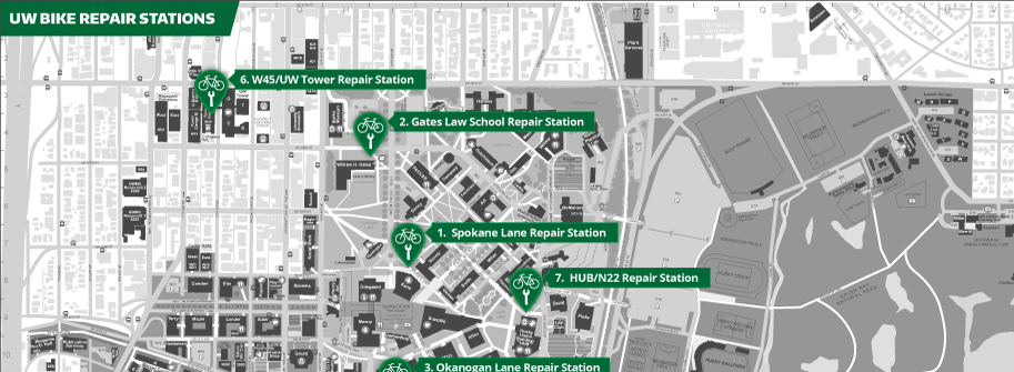 campus map with bike repair stations marked