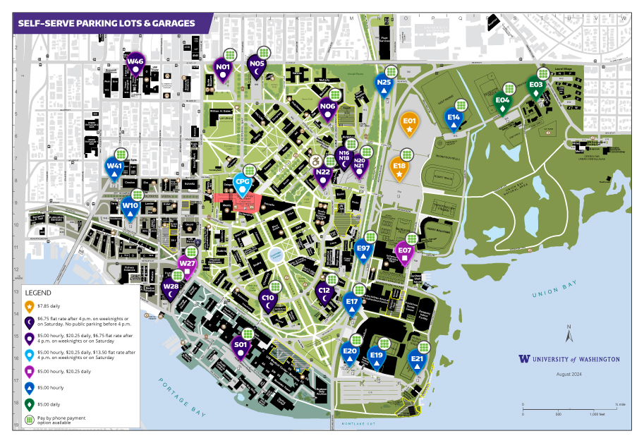 UW campus map of all self-serve parking lots