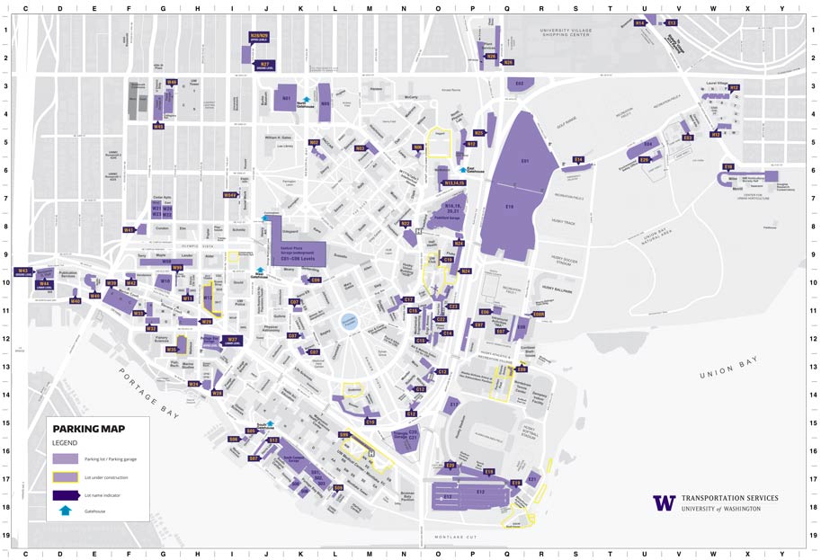 UW campus map of campus parking lots and garages