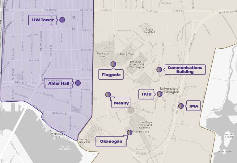 Map showing the eight NightRide shuttle stops on campus