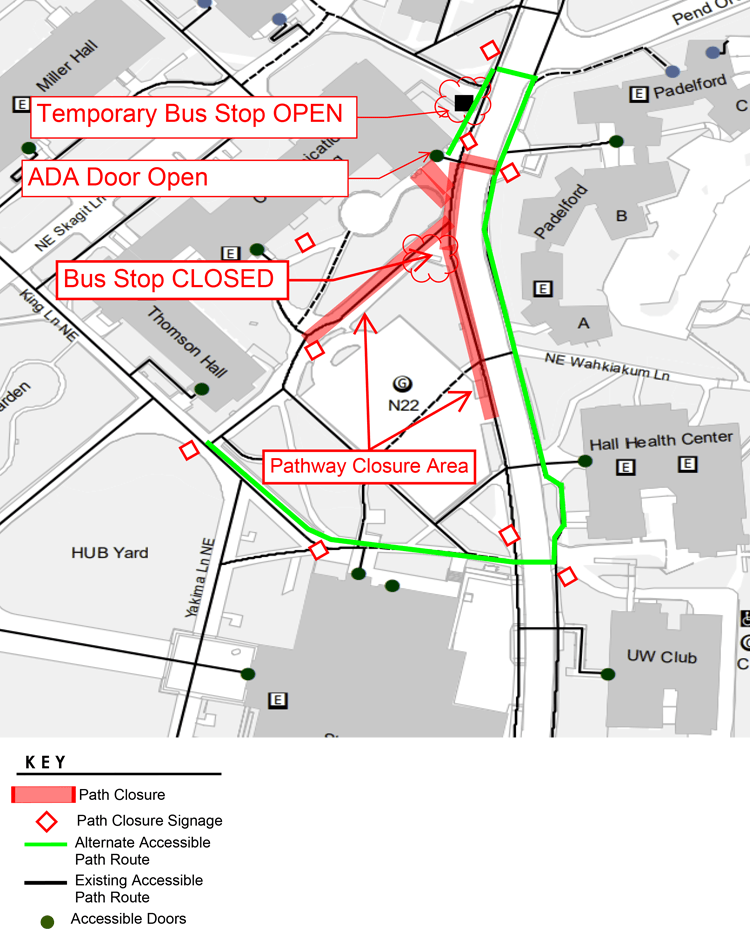 map of n22 pedestrian detour routing plan showing reroutes as of october 1 including move of bus stop location 100 feet to the north