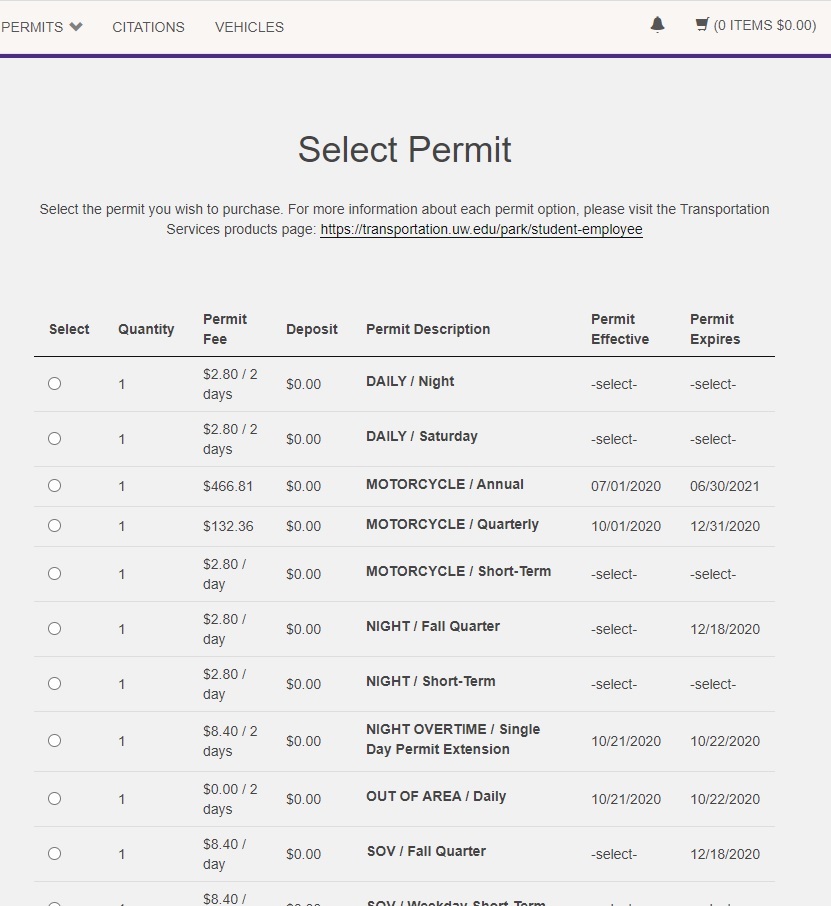 screenshot of Transportation Services products available for purchase on online customer portal