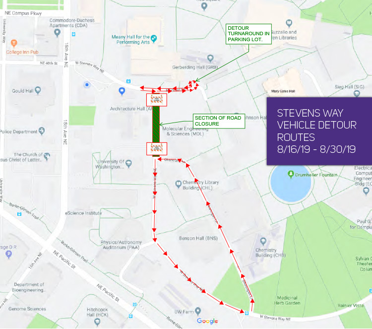 map of stevens way closure near population health showing vehicle detour