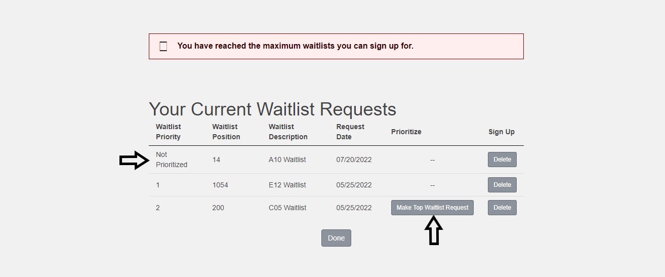 screenshot of customer portal current waitlists request screen with arrows pointing to not prioritized row and make top waitlist request button
