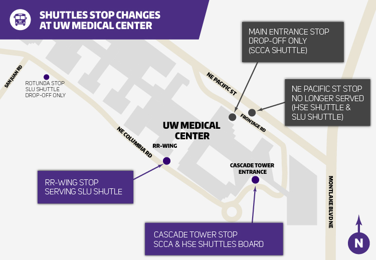 uw shuttles map of uw medical center showing the main and ne pacific st stops moving to the south side of uwmc