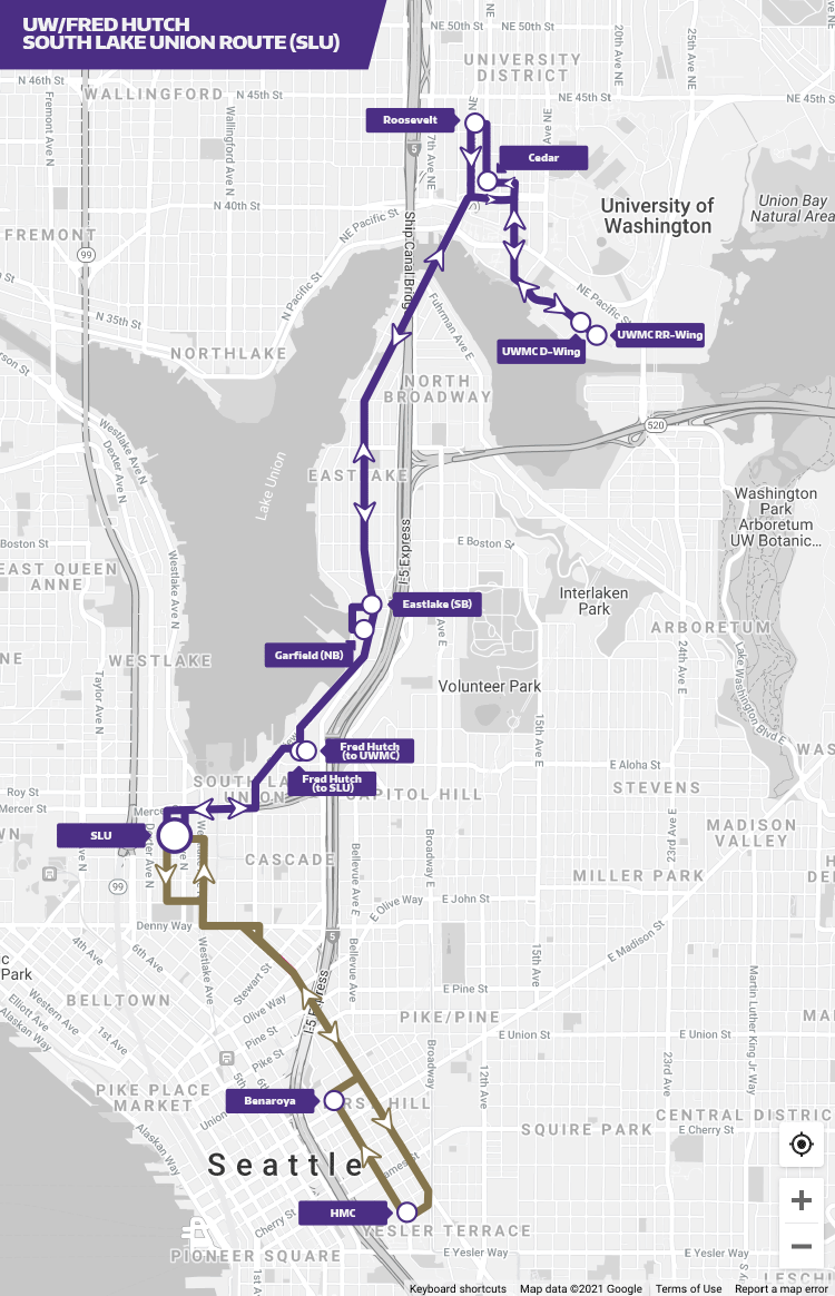south lake union shuttle map graphic showing the two routes with stops
