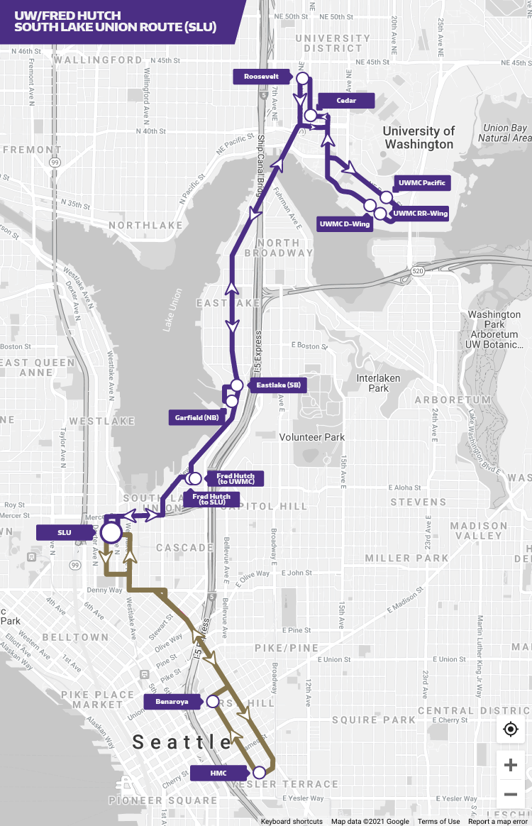 south lake union shuttle map graphic showing the two routes with stops
