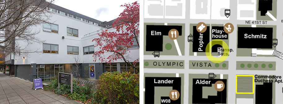 white, three story building at left, map showing location at northwest corner of campus parkway and university way ne