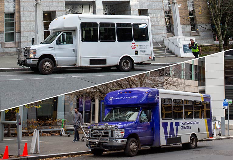 Two shuttle vehicle designs serving the South Lake Union route; one is all white and the other, purple in the front and back.