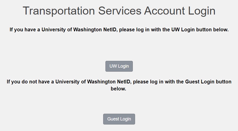 screenshot of Transportation Services online customer portal login options, UW & Guest