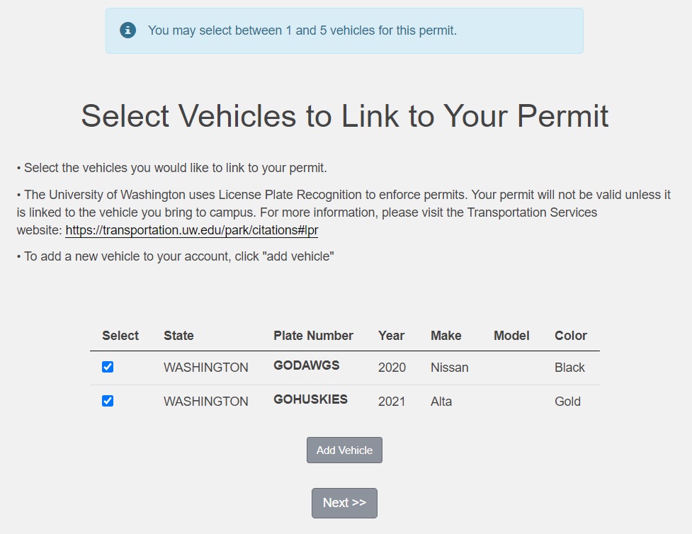 screenshot of vehicles attached to account and checkboxes to link vehicle to permit above an Add Vehicle button and Next button