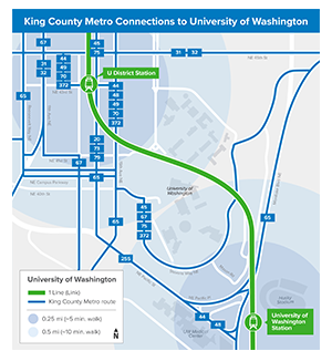 Map of Metro King County's connections to the University of Washington Link station