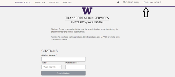 screenshot of customer portal welcome screen with arrow pointing to login link at top right
