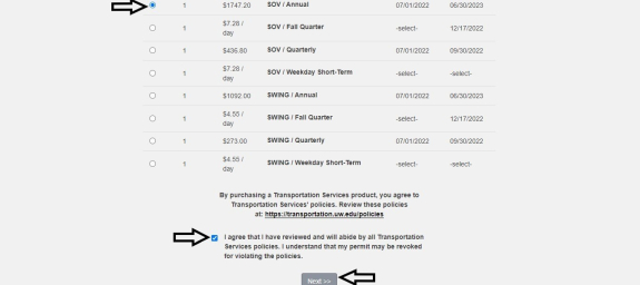 screen shot of customer portal listing of permits with sov / annual selected and arrow pointing to selection, agree checkbox and next button