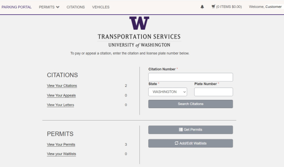 screenshot of Transportation Services online customer portal account dashboard
