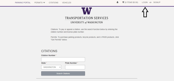 screen shot of customer portal welcome screen with arrow pointing to login link at top right