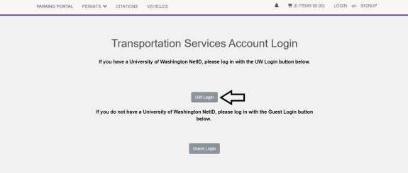 screen shot of customer portal account login screen with an arrow pointing to the UW login button